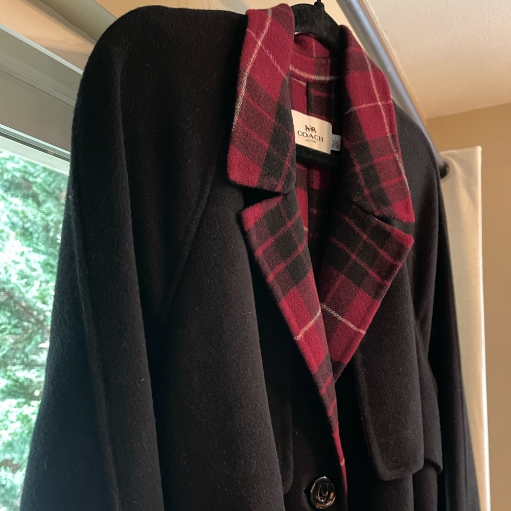 Women’s Coach Relaxed fit large Never Worn Wool Belted Trench Red Plaid Trim - Picture 4 of 11